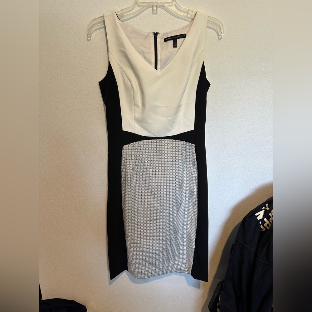 White House Black Market Black and White Sheath Dress V-Neck Sleeveless Midi